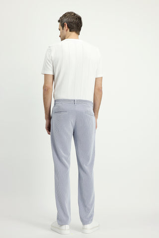  Lacivert-Beyaz Regular Fit Likralı Çizgili Pileli Kanvas / Chino Pantolon
