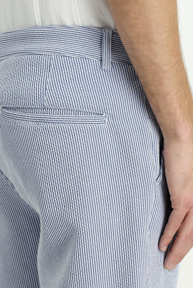 Lacivert-Beyaz Regular Fit Likralı Çizgili Pileli Kanvas / Chino Pantolon