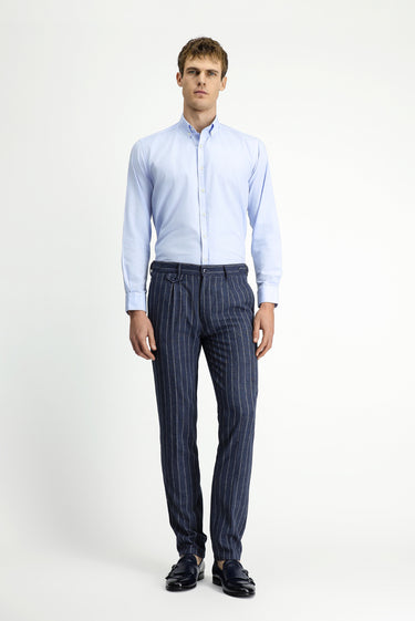  Orta Lacivert Slim Fit Dar Kesim Keten Karışımlı Çizgili Tokalı Klasik Kumaş Pantolon