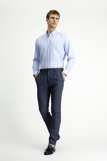 Orta Lacivert Slim Fit Dar Kesim Keten Karışımlı Çizgili Tokalı Klasik Kumaş Pantolon