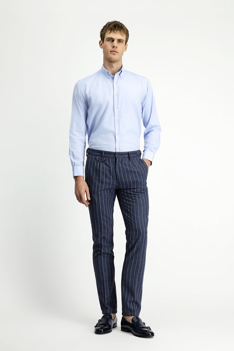 Orta Lacivert 7 Drop Slim Fit Dar Kesim Keten Karışımlı Çizgili Tokalı Klasik Kumaş Pantolon