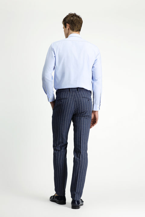 Orta Lacivert 7 Drop Slim Fit Dar Kesim Keten Karışımlı Çizgili Tokalı Klasik Kumaş Pantolon