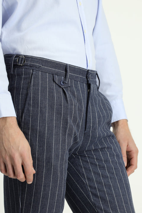 Orta Lacivert 7 Drop Slim Fit Dar Kesim Keten Karışımlı Çizgili Tokalı Klasik Kumaş Pantolon