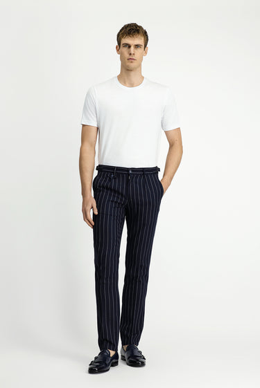  Koyu Lacivert Slim Fit Dar Kesim Keten Karışımlı Çizgili Tokalı Klasik Kumaş Pantolon