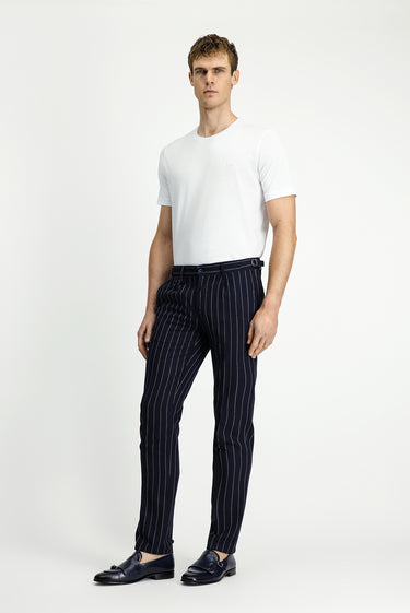  Koyu Lacivert Slim Fit Dar Kesim Keten Karışımlı Çizgili Tokalı Klasik Kumaş Pantolon