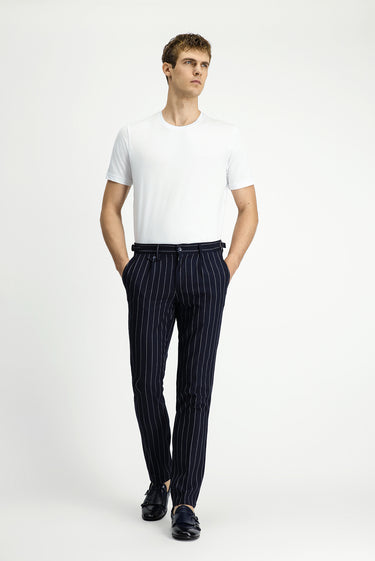  Koyu Lacivert Slim Fit Dar Kesim Keten Karışımlı Çizgili Tokalı Klasik Kumaş Pantolon