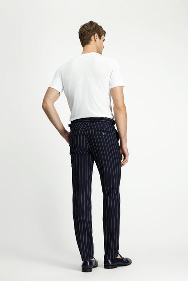  Koyu Lacivert Slim Fit Dar Kesim Keten Karışımlı Çizgili Tokalı Klasik Kumaş Pantolon