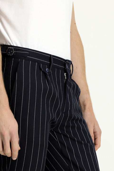 Koyu Lacivert 7 Drop Slim Fit Dar Kesim Keten Karışımlı Çizgili Tokalı Klasik Kumaş Pantolon
