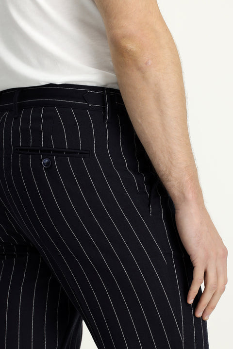 Koyu Lacivert 7 Drop Slim Fit Dar Kesim Keten Karışımlı Çizgili Tokalı Klasik Kumaş Pantolon