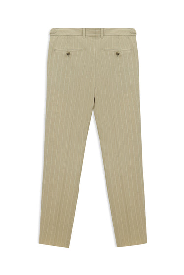  Açık Bej Slim Fit Dar Kesim Keten Karışımlı Çizgili Tokalı Klasik Kumaş Pantolon