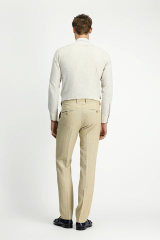  Açık Bej Slim Fit Dar Kesim Keten Karışımlı Çizgili Tokalı Klasik Kumaş Pantolon