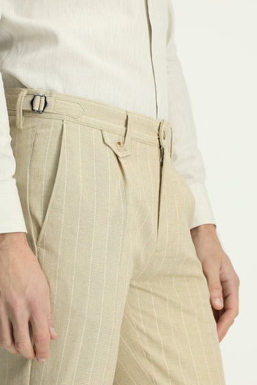  Açık Bej Slim Fit Dar Kesim Keten Karışımlı Çizgili Tokalı Klasik Kumaş Pantolon