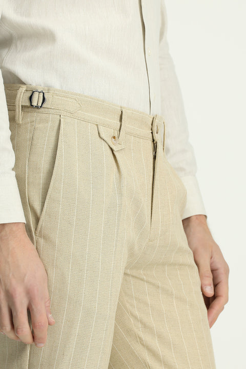 Açık Bej 7 Drop Slim Fit Dar Kesim Keten Karışımlı Çizgili Tokalı Klasik Kumaş Pantolon