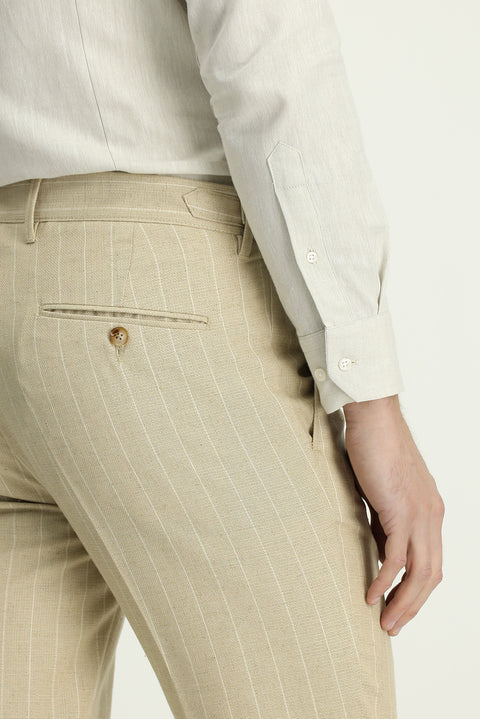 Açık Bej 7 Drop Slim Fit Dar Kesim Keten Karışımlı Çizgili Tokalı Klasik Kumaş Pantolon