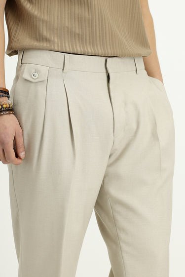 Açık Bej 6 Drop Regular Fit Standart Kesim Keten Karışımlı Pileli Klasik Kumaş Pantolon