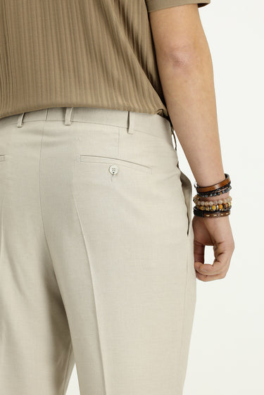 Açık Bej 6 Drop Regular Fit Standart Kesim Keten Karışımlı Pileli Klasik Kumaş Pantolon