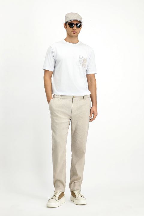 Açık Bej 7 Drop Slim Fit Dar Kesim Beli Lastikli Keten Pantolon