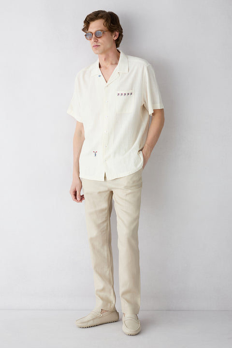 Açık Bej 7 Drop Slim Fit Dar Kesim Beli Lastikli Yandan Cepli Keten Kanvas / Chino Pantolon