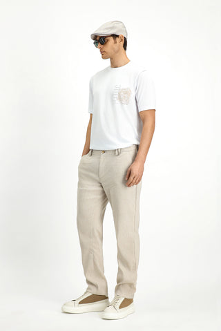  Açık Bej Slim Fit Dar Kesim Beli Lastikli Keten Pantolon