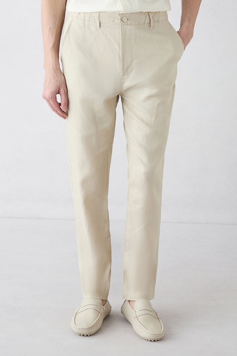 Açık Bej 7 Drop Slim Fit Dar Kesim Beli Lastikli Yandan Cepli Keten Kanvas / Chino Pantolon