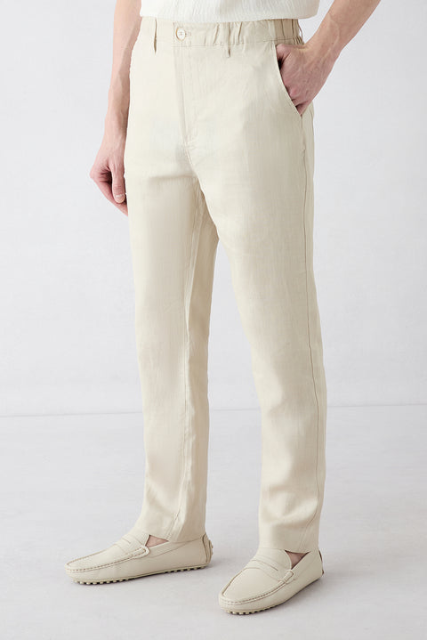 Açık Bej Slim Fit Dar Kesim Beli Lastikli Yandan Cepli Keten Kanvas / Chino Pantolon