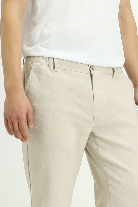 Açık Bej 7 Drop Slim Fit Dar Kesim Beli Lastikli Keten Pantolon