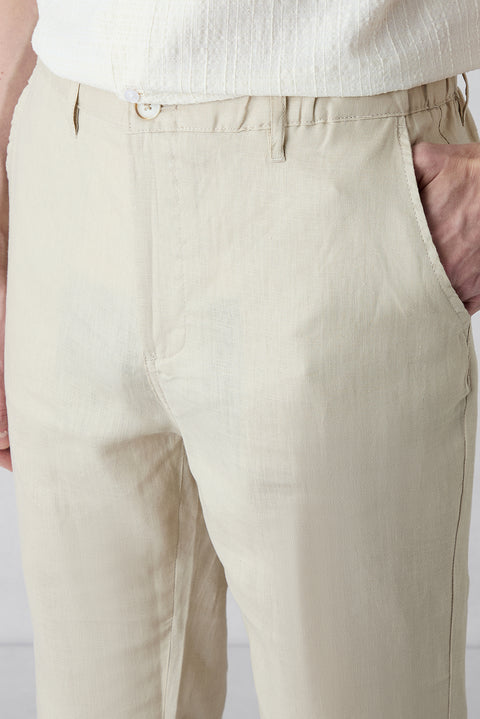 Açık Bej 7 Drop Slim Fit Dar Kesim Beli Lastikli Yandan Cepli Keten Kanvas / Chino Pantolon