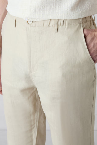  Açık Bej 7 Drop Slim Fit Dar Kesim Beli Lastikli Yandan Cepli Keten Kanvas / Chino Pantolon