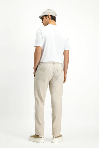  Açık Bej Slim Fit Dar Kesim Beli Lastikli Keten Pantolon