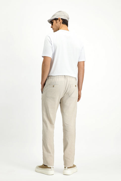 Açık Bej 7 Drop Slim Fit Dar Kesim Beli Lastikli Keten Pantolon