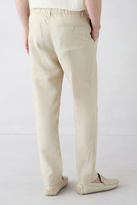 Açık Bej 7 Drop Slim Fit Dar Kesim Beli Lastikli Yandan Cepli Keten Kanvas / Chino Pantolon