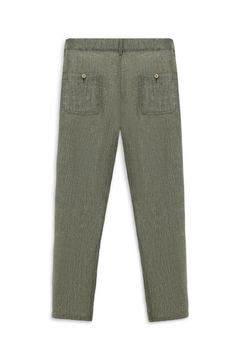 Orta Haki 7 Drop Slim Fit Dar Kesim Beli Lastikli Yandan Cepli Keten Kanvas / Chino Pantolon