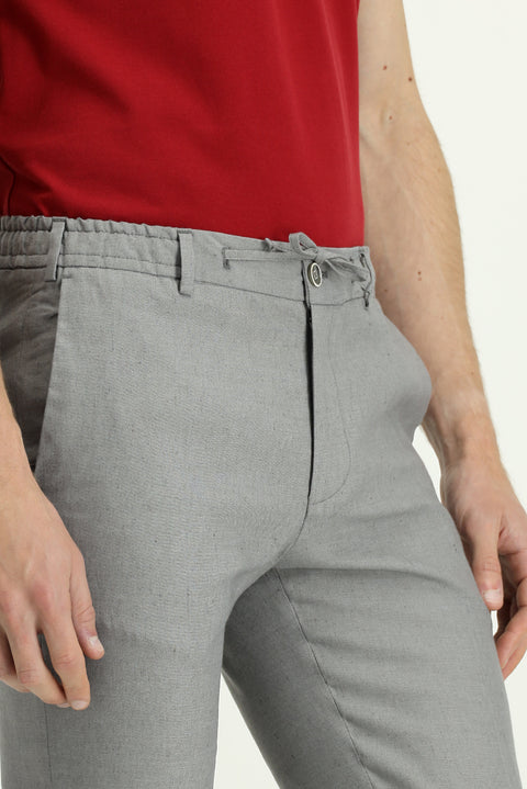 Medium Gray Slim Fit Narrow Cut Elastic Waist Drawstring Linen Blend Jogger Pants