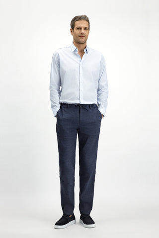  Koyu Lacivert Slim Fit Dar Kesim Beli Lastikli İpli Keten Karışımlı Pantolon