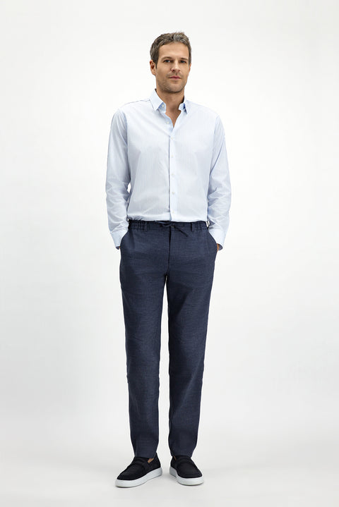 Koyu Lacivert 7 Drop Slim Fit Dar Kesim Beli Lastikli İpli Keten Karışımlı Jogger Pantolon