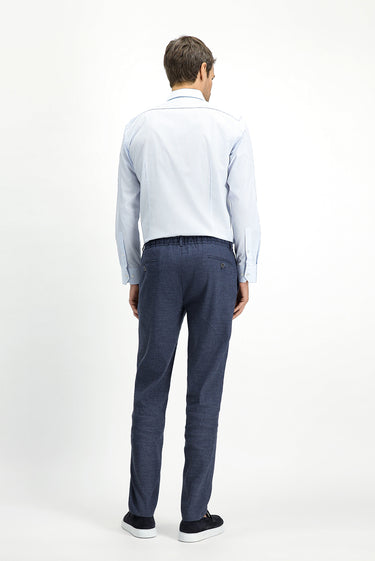  Koyu Lacivert Slim Fit Dar Kesim Beli Lastikli İpli Keten Karışımlı Pantolon