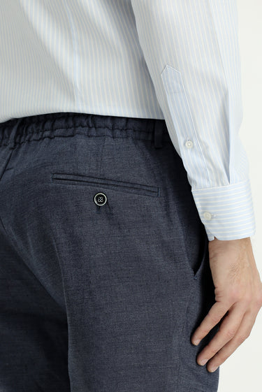 Koyu Lacivert Slim Fit Dar Kesim Beli Lastikli İpli Keten Karışımlı Pantolon