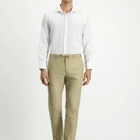 Orta Bej Slim Fit Dar Kesim Beli Lastikli İpli Keten Karışımlı Pantolon