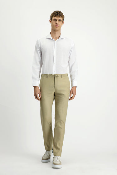  Orta Bej Slim Fit Dar Kesim Beli Lastikli İpli Keten Karışımlı Pantolon