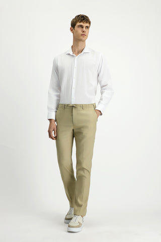  Orta Bej Slim Fit Dar Kesim Beli Lastikli İpli Keten Karışımlı Pantolon