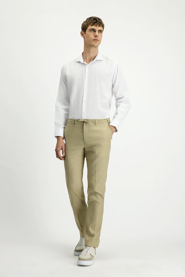  Orta Bej Slim Fit Dar Kesim Beli Lastikli İpli Keten Karışımlı Pantolon