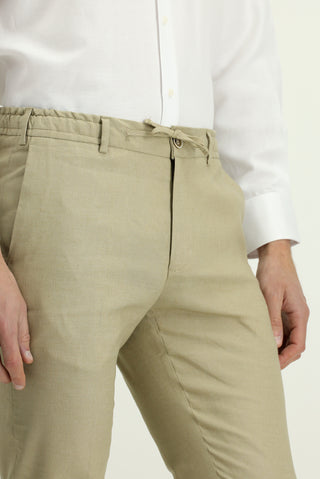  Orta Bej Slim Fit Dar Kesim Beli Lastikli İpli Keten Karışımlı Pantolon