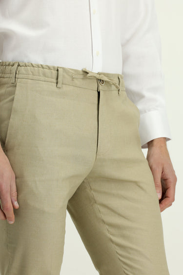  Orta Bej Slim Fit Dar Kesim Beli Lastikli İpli Keten Karışımlı Pantolon