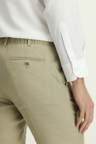 Orta Bej Slim Fit Dar Kesim Beli Lastikli İpli Keten Karışımlı Pantolon