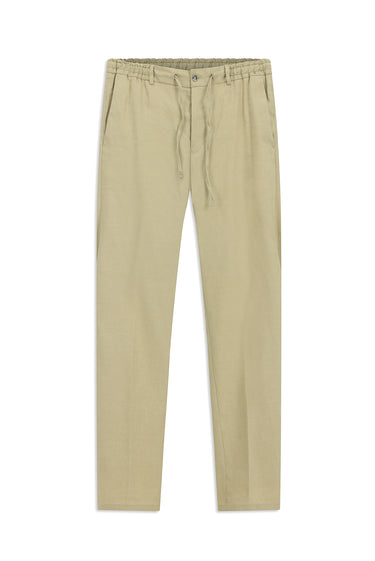 Orta Bej Slim Fit Dar Kesim Beli Lastikli İpli Keten Karışımlı Pantolon