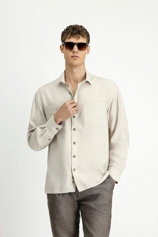  Açık Bej Uzun Kol Oversize Modal Karışımlı Gömlek