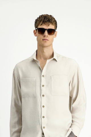  Açık Bej Uzun Kol Oversize Modal Karışımlı Gömlek