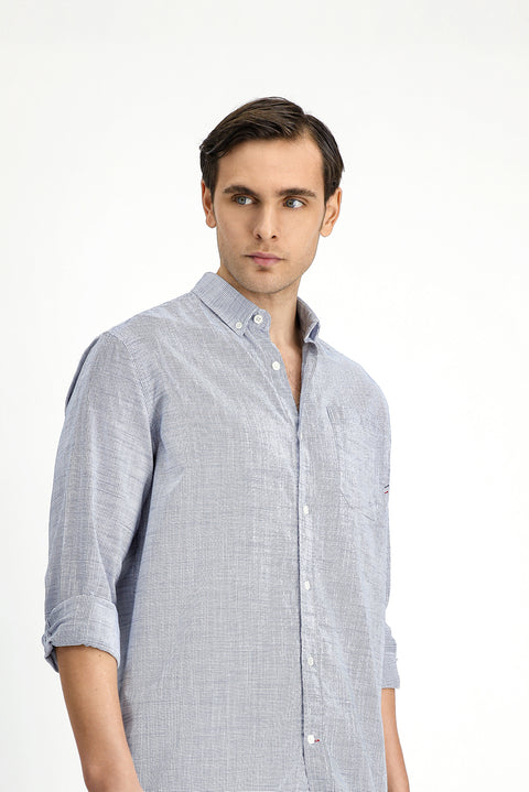 Beyaz-Lacivert Uzun Kol Regular Fit Desenli Pamuk Düğmeli Yaka Gömlek