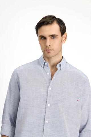  Beyaz-Lacivert Uzun Kol Regular Fit Desenli Pamuk Düğmeli Yaka Gömlek