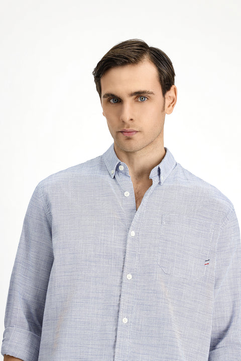 Beyaz-Lacivert Uzun Kol Regular Fit Desenli Pamuk Düğmeli Yaka Gömlek